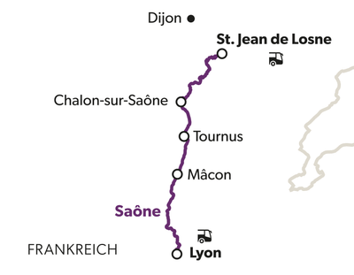 Karte mit Route entlang der Saône von Dijon nach Lyon.