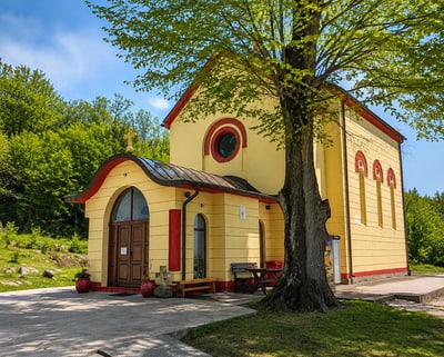 Gelbes Gebäude mit runden Fenstern, Baum im Vordergrund, grüne Bäume im Hintergrund.