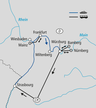 mit-musik-ins-neue-jahr-auf-rhein-und-main-3.png Karte mit Fluss- und Landverkehrsrouten zwischen Städten entlang von Main und Rhein.