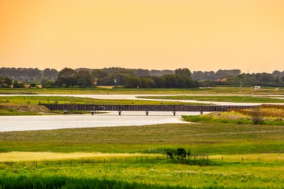 Landschaft mit Fluss und Brücke bei Sonnenuntergang.