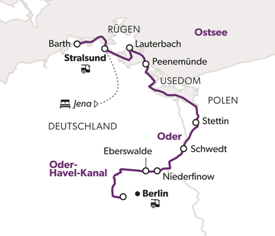 Karte mit Streckenverlauf von Berlin über Stettin bis Rügen.