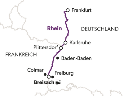 Karte mit violetter Linie, Städte und Ländernamen.