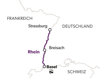 Karte mit Route von Strassburg nach Basel über Breisach.