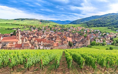 Panorama einer französischen Weinstadt mit Weinbergen und Hügeln im Hintergrund.