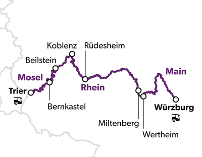 Karte mit Reiseroute entlang der Mosel und des Rheins von Trier nach Würzburg.