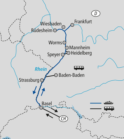 Karte mit Routen von Frankfurt nach Basel über mehrere Städte.