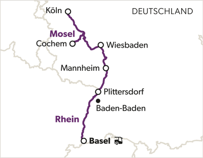 Karte der Strecken von Köln nach Basel über Mosel und Rhein.