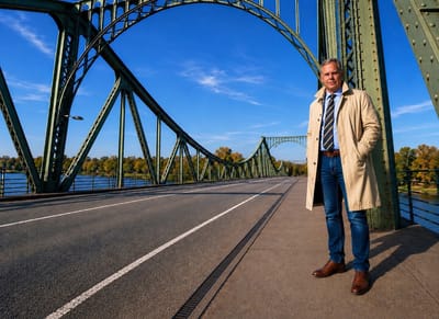 Person in beigem Mantel steht auf einer Brücke mit markanten Metallbögen.