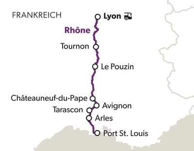 Karte der Rhône-Route in Frankreich von Lyon bis Port St. Louis.