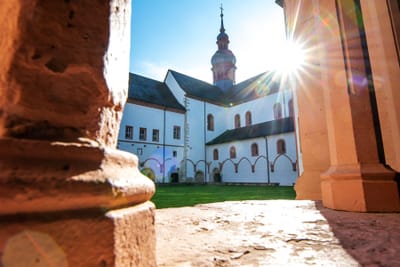 Sonnenlicht strahlt auf ein historisches Gebäude mit Turm.