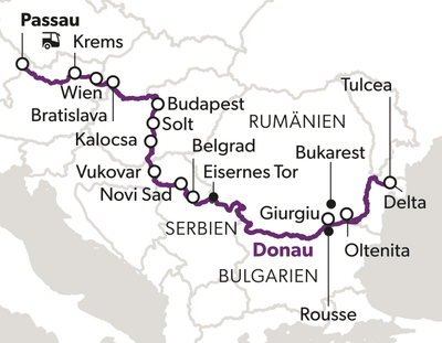 Karte des Donaulaufs von Passau bis zum Delta durch mehrere Länder.
