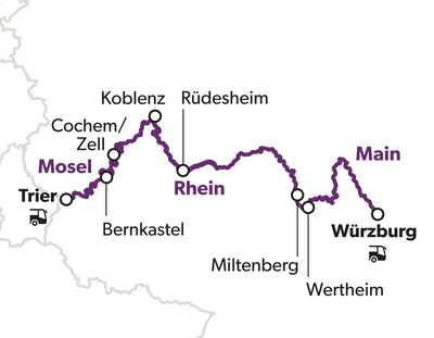Karte der Flüsse Mosel, Rhein und Main mit Städtenamen.