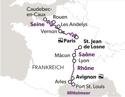 grand-voyage-premiere-atlantik-und-mittelmeer-7.png Karte von Frankreich mit markierter Reiseroute entlang der Seine, Saône und Rhône Flüsse.