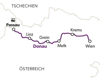 Karte der Donau von Passau nach Wien.