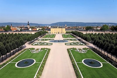 Schlosspark mit symmetrischen Gartenanlagen und Schloss im Hintergrund.