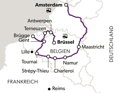 Karte mit Route von Amsterdam über Brüssel durch Belgien.