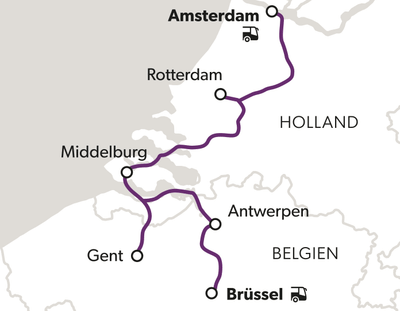 Karte mit Zugstrecke von Amsterdam nach Brüssel, die Städte in Holland und Belgien verbindet.