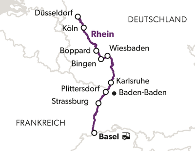 Karte der Rhein-Route von Basel nach Düsseldorf über Karlsruhe.