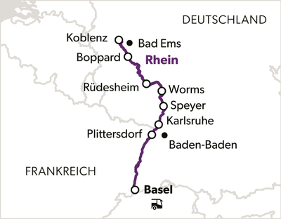 Karte mit Rhein und Städten von Koblenz nach Basel.