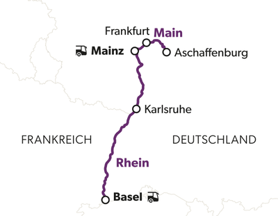 Karte der Strecke zwischen Basel und Frankfurt entlang des Rheins.
