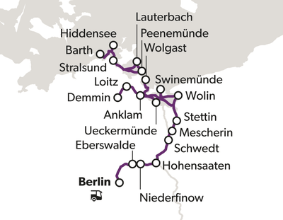 Karte mit Zugstrecke Berlin, Peenemünde, Stralsund.
