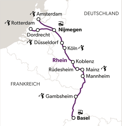 grand-golf-cruise-basel-amsterdam-5.png Karte mit Städten entlang des Rheins von Amsterdam bis Basel.