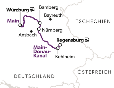 Karte mit Routenverlauf von Würzburg nach Regensburg durch Deutschland.