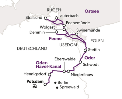 Karte der Zugstrecke von Potsdam über Rügen bis Stettin.